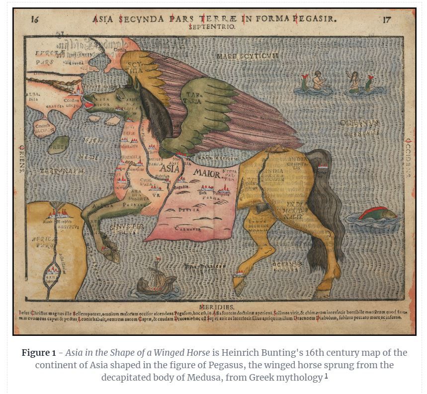 Fanciful 16th century map of Asia in the shape of Pegasus