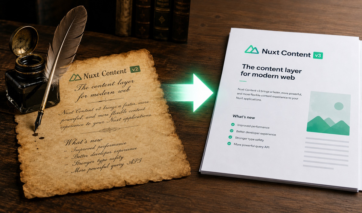 Two documents, one an old school quill, ink, and parchment titled 'Nuxt Content v2' and the other a modern laser printed document titled 'Nuxt Content v3' side by side.