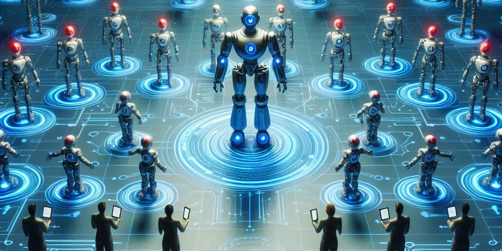 A picture of people with devices controlling an army of robots, some with blue lights and some with red lights