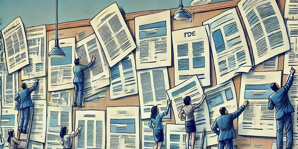 A giant bulletin board with PDF files pinned to it and a crowd of people looking at them