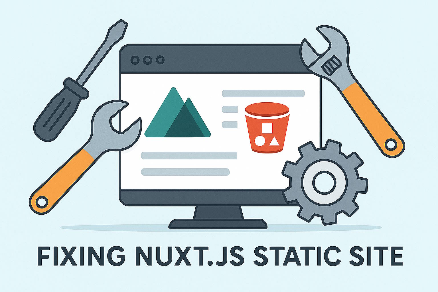 Tools and Gear around a website with Nuxt and S3 bucket logos.